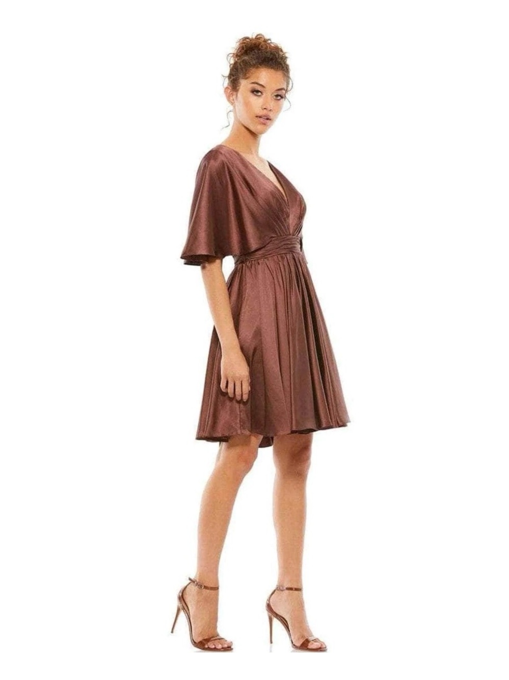 Mac Duggal Chocolate Brown Satin Flowy Cape Sleeve Mini Dress Sz 2 26605 NWT